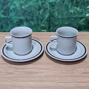 Set Of Two Vintage Newcor Coffee Cup And Saucer Tan With Brown Accent